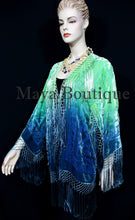 Burnout Velvet Silk Fringe Jacket Kimono Hand dyed Green Teal Maya Wearable Art