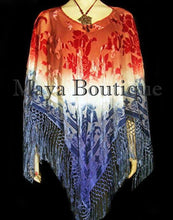 Maya Boutique Hand Dye Poncho Shawl Top Silk Burnout Velvet USA Flag Colors Made In USA