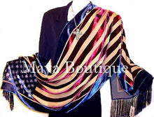 American USA Flag Silk Burnout Velvet Shawl Wrap With Fringes Maya Matazaro