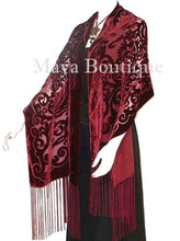 Maya Matazaro Shawl Wrap Scarf Burnout Velvet Art Nouveau Deep Red Fringed