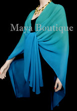 Hand Dyed Maya Matazaro Silk Chiffon Cape Ruana Caftan Wrap Aqua Blue Ombre