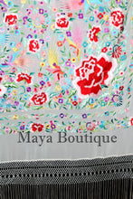 Flamenco Embroidered Silk Piano Shawl Wrap White Flower & Birds Multicolors 90"