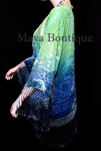 Burnout Velvet Silk Fringe Jacket Kimono Hand dyed Green Teal Maya Wearable Art