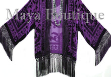 Dark Purple Kimono Fringe Jacket SILK Burnout Velvet Short Maya Matazaro Plus Sz