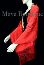Red Embroidered Silk Wrap Shawl Scarf Oblong with Fringes Maya Matazaro