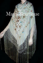 Maya Matazaro Flamenco Embroidered Silk Piano Shawl Wrap Sage Green 84"