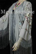 Maya Matazaro Embroidered Silk Fringe Jacket Kimono Silver Gray Birds & Flower