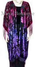 Violet Magenta Wearable Art Kimono Caftan Fringe Jacket Burnout Velvet Hand Dyed