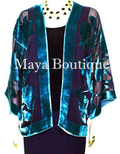 Aqua & Black Silk Burnout Velvet Jacket Short Kimono No Fringe Maya Matazaro