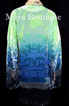 Burnout Velvet Silk Fringe Jacket Kimono Hand dyed Green Teal Maya Wearable Art
