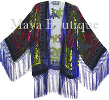 Tye Dye Blue Multi Short Fringe Jacket Kimono Silk Burnout Velvet Maya Matazaro