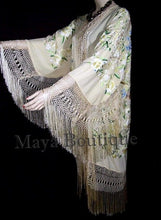 Embroidered Silk Opera Coat Kimono Fringe Jacket Birds & Flowers Pastels Greens