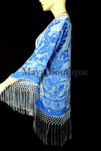 Maya Matazaro Sky Blue Silk Burnout Velvet Fringe Jacket Short Kimono