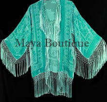 Maya Matazaro Silk Burnout Velvet Fringe Jacket Short Kimono Tiffany Green