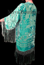 Maya Matazaro Silk Burnout Velvet Fringe Jacket Short Kimono Tiffany Green