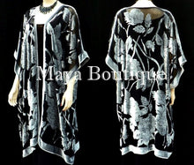 Maya Matazaro Silk Burnout Velvet Opera Coat Kimono Silver Black No Fringe USA