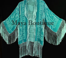 Maya Matazaro Silk Burnout Velvet Fringe Jacket Short Kimono Tiffany Green