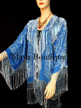 Maya Matazaro Sky Blue Silk Burnout Velvet Fringe Jacket Short Kimono