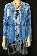 Maya Matazaro Sky Blue Silk Burnout Velvet Fringe Jacket Short Kimono
