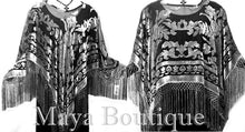 Poncho Shawl top With Fringe Silver Gray Black Burnout Velvet Maya Matazaro